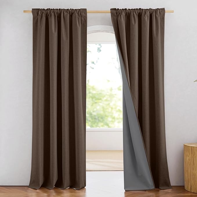 NICETOWN 100% Blackout Brown Curtains for Living Room, 52" Wide Per Panel, Set of 2, Linen Blend Thermal Insulated Curtains 84" Long, Noise Reducing Window Treatment Drapes for Home Cinema