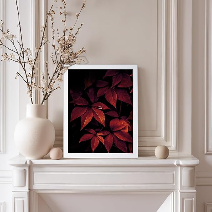 Monem Art Red Autumn Leaves Macro Photography Print - Moody Botanical Nature Poster - Wall Decor for Living Room, Bedroom or Office - 12x16 White Framed Wall Art by Mareike Bohmer