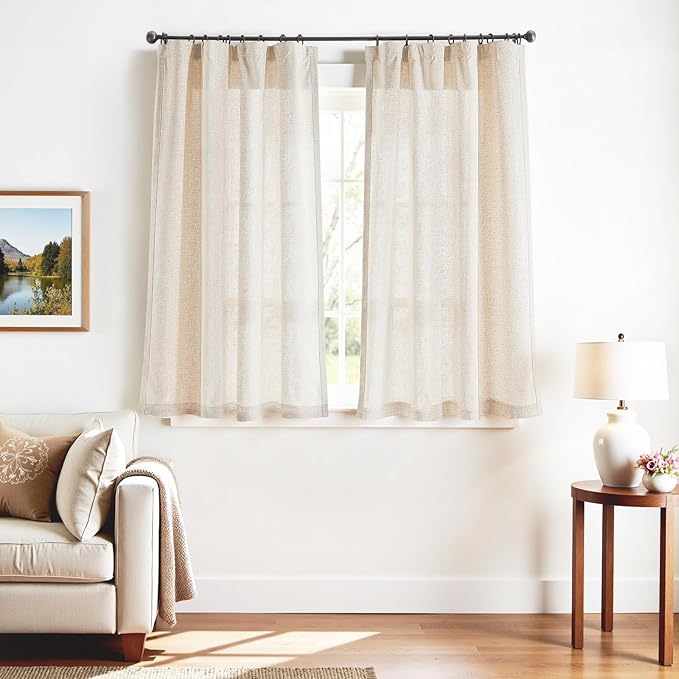 jinchan Beige Linen Blend Curtains 63 Inches Length 2 Panels for Bedroom Living Room, Semi Sheer 50 Inches Wide Natural Farmhouse Cottage Core Style Drapes with Rod Pocket Back Tab (50W x 63L, Ecru)