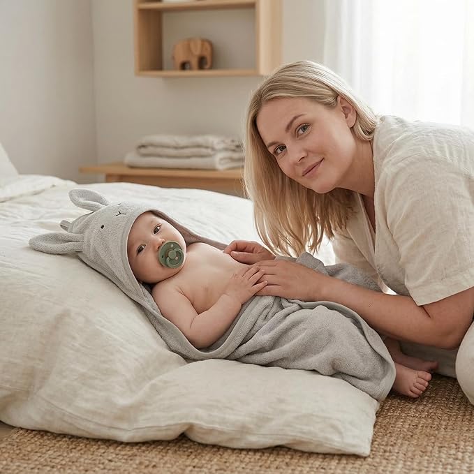 Hooded Baby Towels – 100% Organic Cotton Baby Bath Towels – Baby Boy Newborn Essentials - Super-Soft and Absorbent. (2-Pack Rabbit Pearl Grey and Bear Natural)