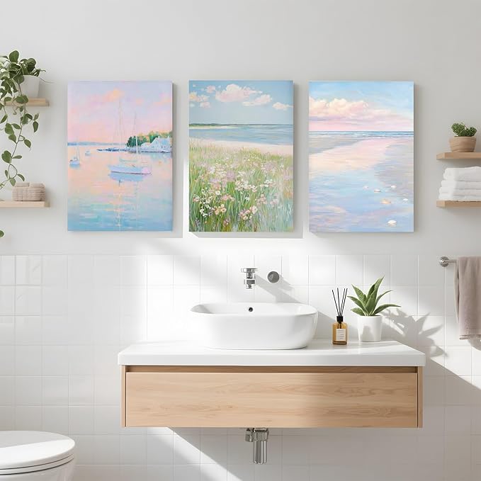HUYKON Coastal Pink Wall Art Set of 3 Maximalist Ocean & Beach Landscape Canvas Poster Trendy Sailboats Flowers Sunset Painting Pastel Picture Prints for Bedroom Home Decor 8x12inch Wrapped Frame