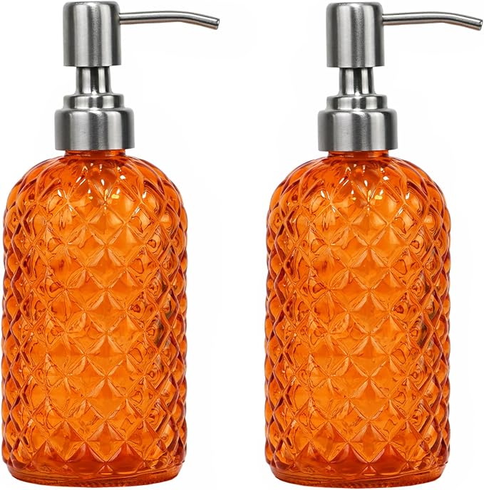 16 oz Diamond Pattern Glass Soap Dispenser, Kitchen and Bathroom Refillable Soap Dispenser with Rust Resistant Stainless Steel Pump for Hand Soap, Lotion Glass Liquid Dispenser (2pack)