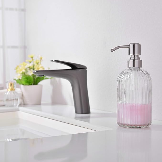 Glass Soap Dispensers for Kitchen and Bathroom, 16oz Heavey Glass Bottle, Stainless Steel Brushed Nickel Pump,Clear Farmhouse Bathroom Soap Dispenser,2 Packs