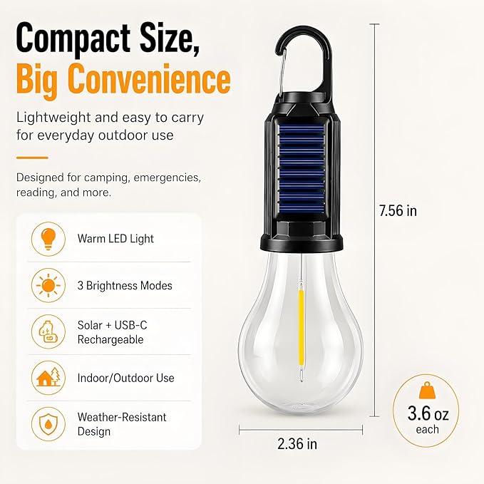 4-Pack Solar Camping Lantern, Portable LED Solar USB Rechargeable Lantern Flashlight Emergency Hanging Light Bulb for Indoor Outdoor Home Power Outages Hiking Hurricane (4)