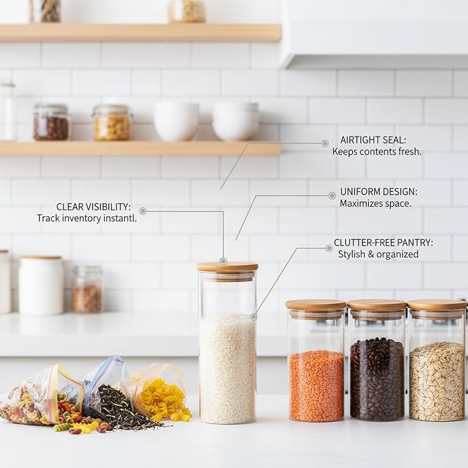 Borosilicate Glass Storage Jars with Bamboo Lids, Clear Kitchen Canisters for Pantry Organization of Dry Goods, Coffee, Tea, and Grains