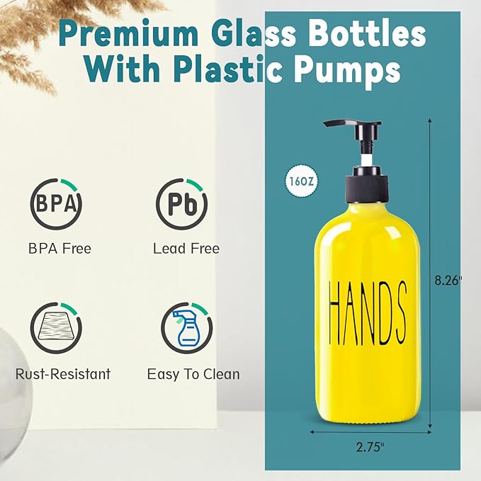 COHOSEGE Glass Soap Dispenser Set 2 Pack,16 Oz Dish Soap Dispenser for Kitchen Sink,Lemon Kitchen Decor and Accessories,Yellow Decorations and Kitchen Utensils for Kitchen