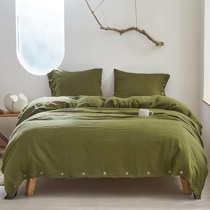 Simple&Opulence 100% Linen Duvet Cover Set 3pcs with Coconut Button Closure Natural French Washed Flax Solid Color Soft Breathable Farmhouse Bedding - Olive Green, Full Size