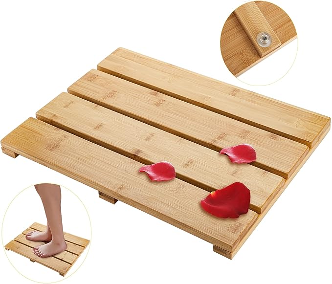 Yarlung Bamboo Bath Mat Wooden Shower Mat, 17.5 x 13 Inches Bathroom Non-Slip Bathtub Mat Waterproof Floor Mat Doormat for Spa Relaxation, Indoor or Outdoor