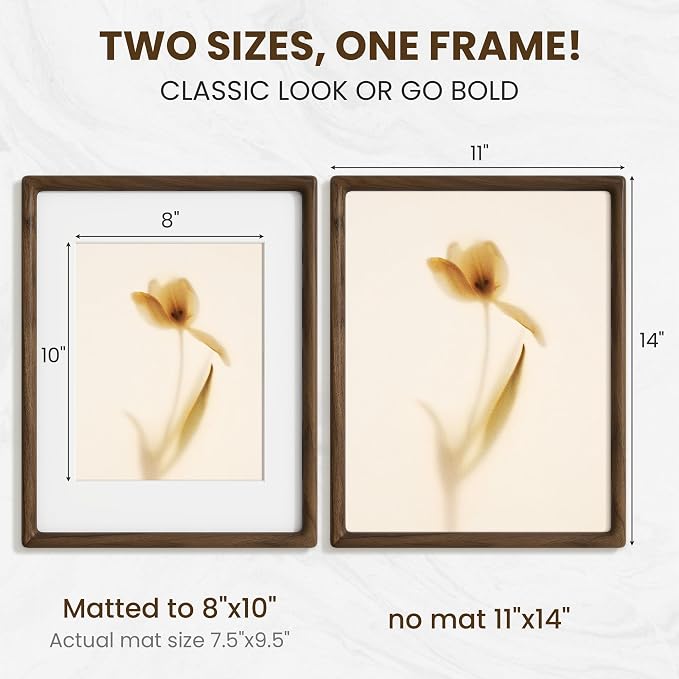 11x14 Picture Frame, USA-Sourced Walnut Wood Picture Frame, 11 x 14 Photo Frame with High Tempered Glass, 11 by 14 Wooden Frame Matted to 8x10 Photo Wall Mounted, Walnut Color, 1 Pack