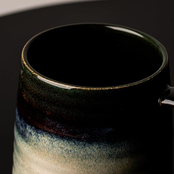 15.5 Oz Large Reactive Glaze Ceramic Mug, Heavy Weighted Stoneware Coffee Cup, Wide Base, Thick Wall Big Tea Cup with Custom Package Box, Microwave & Dishwasher Safe (Black Red)