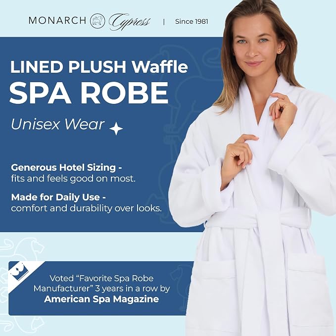 MONARCH Unisex Plush Lined Waffle Spa Robe – Soft and Warm Textured Fabric, Generously Sized Hotel & Spa Robe with Pockets
