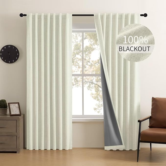 CUCRAF Linen 100% Blackout Curtains 84 Inch Length 2 Panels Set, Back Tab and Rod Pocket Curtain for Living Room Bedroom, Room Darkening Window Drapes Thermal Insulated, (52x84 inch, Light Beige)