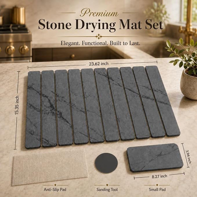 2 PCS Large Stone Dish Drying Mat for Kitchen Counter, 24" x 16" Diatomaceous Earth Dish Mat with 8" x 4" Coaster, Quick Dry Foldable Absorbent Mat for Dishes, Cups, Bottles (Dark Gray)