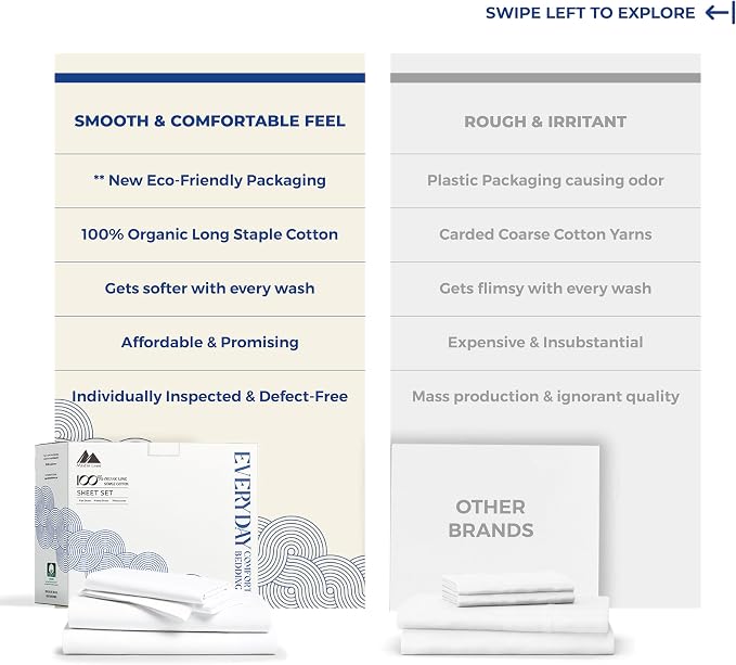 Mayfair Linen 100% Organic Cotton Sheets Cal King Size - 4 PC White Organic Cotton Cal King Percale Weave Sheet Set, Soft, Cooling, Crisp, 16" Deep Pocket Hotel Quality Bedding Set