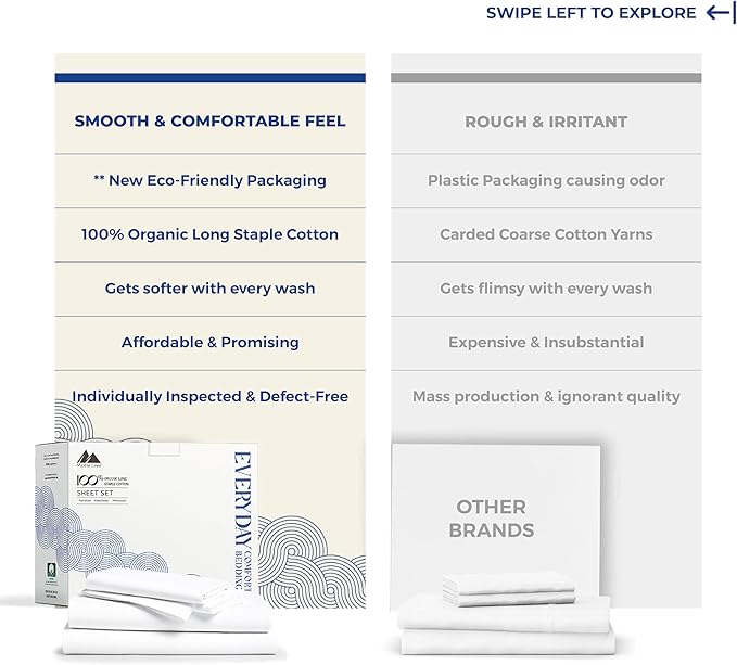 Mayfair Linen 100% Organic Cotton Sheets Twin XL Size - 3 PC Organic Cotton Percale Sheets Twin XL Set (White), Soft, Crisp, Cooling Bedsheets, 16" Deep Pocket Hotel Bedding - GOTS Certified