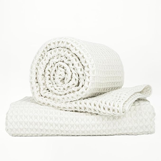 Luxury Organic Japanese Cotton Waffle Bath Towel | Thick, Absorbent, Quick Dry Bathroom Towels for Shower, Sauna, Onsen| Hotel & Spa Quality, Gift-Ready (Shell White, Bath Sheet (2 Pack))