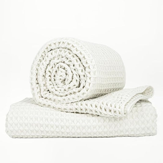 Luxury Organic Japanese Cotton Waffle Bath Towel | Thick, Absorbent, Quick Dry Bathroom Towels for Shower, Sauna, Onsen| Hotel & Spa Quality, Gift-Ready (Shell White, Bath Sheet (2 Pack))