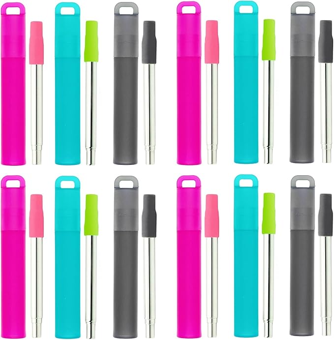 NAIVELY-Reusable Straws 12 Pack Collapsible Metal Straws,Portable Retractable Travel Drinking Straws with Case, Silicone Tips and Cleaning Brush
