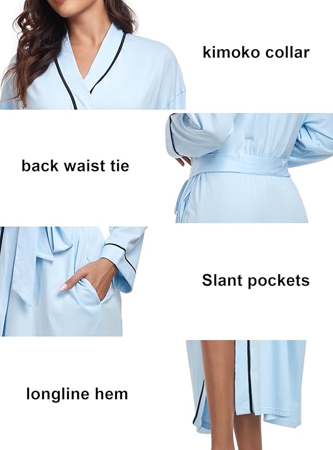 COLORFULLEAF 100% Cotton Women's Robes Summer Lightweight Kimono Soft Long Cotton Bathrobe for Women with Pockets