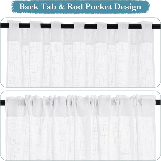 RYB HOME Linen Sheer Curtains for Living Room Textured Semi Sheer Curtains Large Window Treatment for Bedroom Patio Door, White, 52 inch Width x 108 inch Length, 2 Panels
