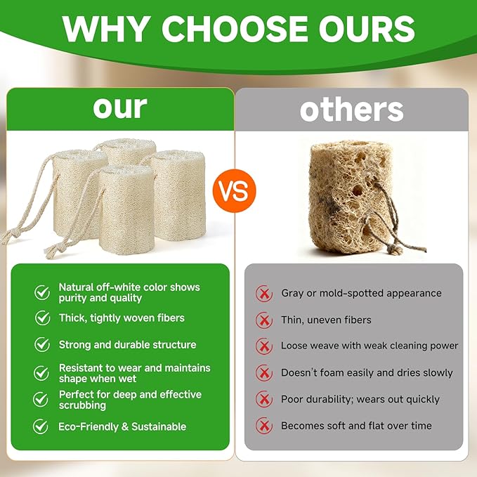 Natural Loofah Sponges – 4 Pack for Shower & Bath – Eco-Friendly Exfoliation, Body Scrubber,wash the Dishes, & Pet Grooming – Biodegradable, Chemical-Free