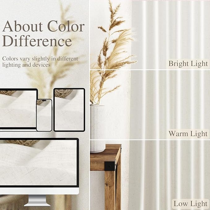 Nanspring Beige White Kitchen Curtains 36 Inch Length,Linen Blend Small Cafe Curtain Light Filtering Short Window Curtains for Bathroom Basement Back Tab and Rod Pocket,40 x 36 Inch 2 Panels
