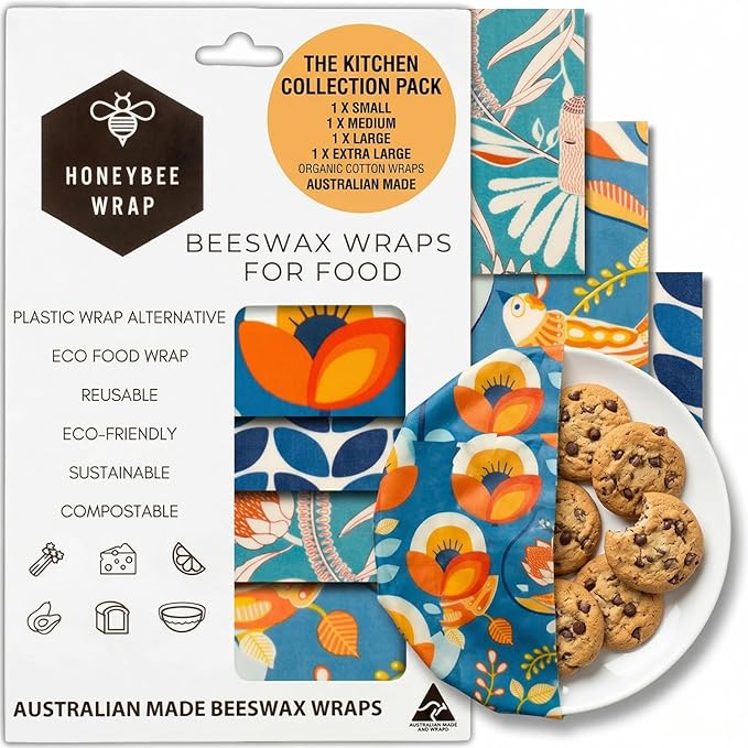 Beeswax Wraps for Food - The Kitchen Collection - Organic Cotton Beeswax Wrap - Reusable Beeswax Food Wrap - Plastic Wrap/Sandwich Bags Alternative - 4 Pack, S, M, L & XL