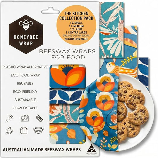 Beeswax Wraps for Food - The Kitchen Collection - Organic Cotton Beeswax Wrap - Reusable Beeswax Food Wrap - Plastic Wrap/Sandwich Bags Alternative - 4 Pack, S, M, L & XL