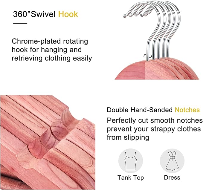 TOPIA HANGER American Red Cedar Wooden Hangers, Clothes Hangers for Closet, Wood Coat Hanger with Smooth Cut Notches, 360°Flexible Hook, Non-Slip Pants Bar,10 Pack-CT07C