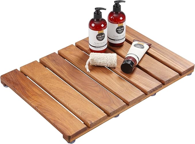 Natural Teak Wood Shower Bath Mat, 20.67 * 14.76 Inches, Non-Slip Rubber Feet, Premium Wooden Floor Mats for Spa, Sauna, Pool and Hot Tub, Flooring Decor and Protector, Indoor and Outdoor Use.