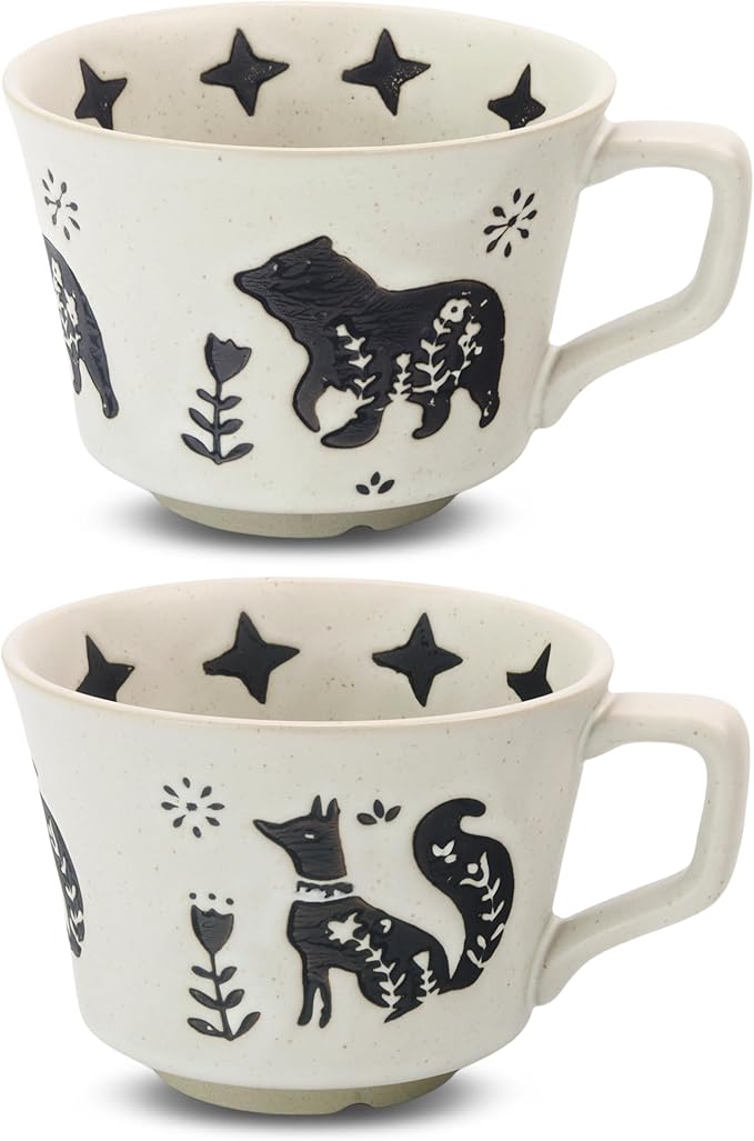 Ceramic Coffee Mug, 11 oz Small Novelty Unique Teacup with Handle, Stoneware Cup for Tea Mocha Latte Cappuccino (Set of 2, Fox and Bear)