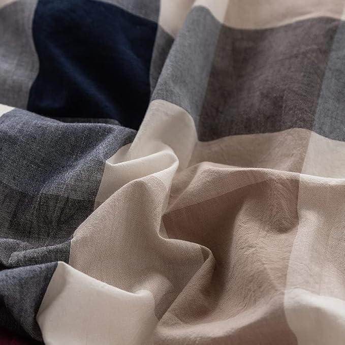 FACE TWO FACE Bedding Duvet Cover Set100% Washed Cotton Duvet Cover Linen Like Textured Breathable Durable Soft Comfy (Twin, Blue red Grid)