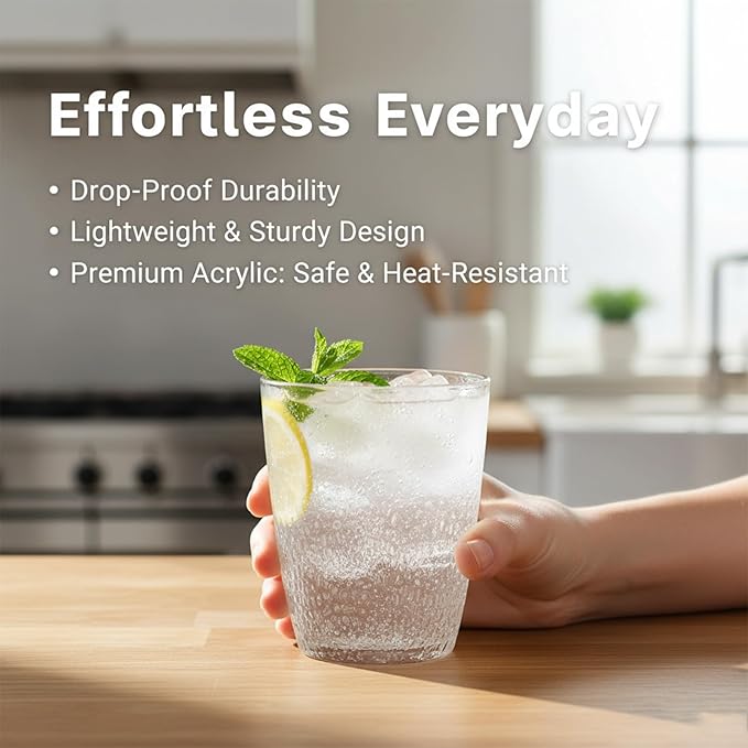 Clear Acrylic Drinking Glasses Set of 6, Plastic Cups Reusable, Unbreakable Water Tumblers, Acrylic Glasses Drinkware for Juice Camping Home Picnic Party, 290 ML/10 OZ