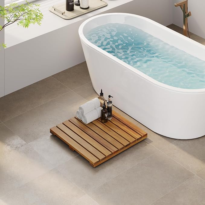 Solid Acacia Wood Shower Mat, Non Slip Bathroom Mat (19.6"×19.6“, Medium) Sturdy Floor Mat for Spa Home or Outdoor Shower, Easy to Clean, Quick Drying
