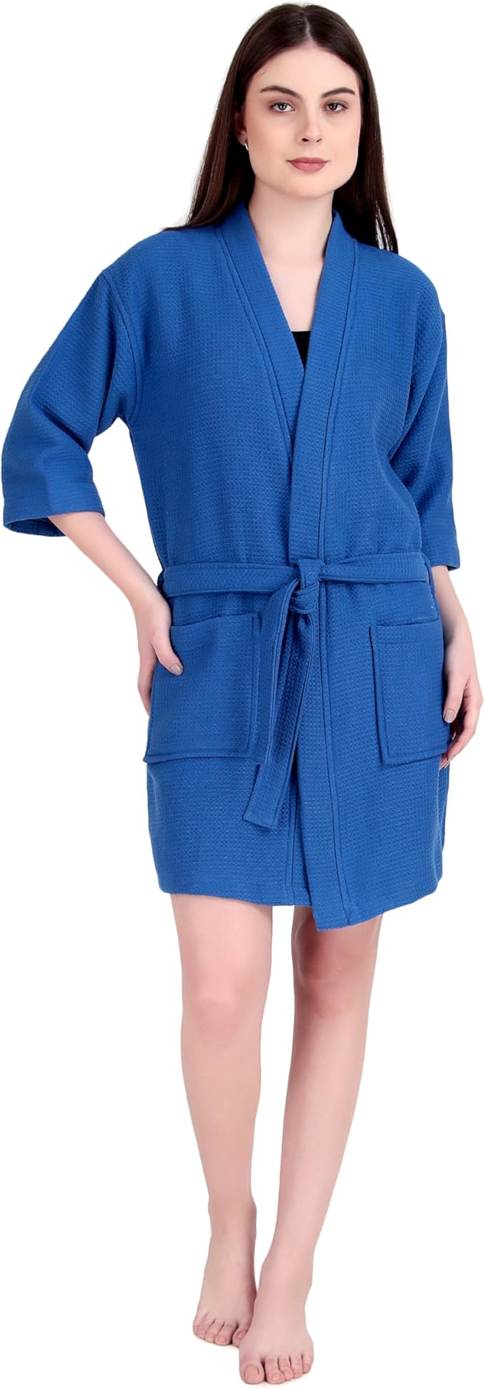 ALLEN & MATE 100% Cotton Women's Short Robe Dual Fabric Waffle Outside & Terry Towel Inside Kimono Bathrobe Medium Weight