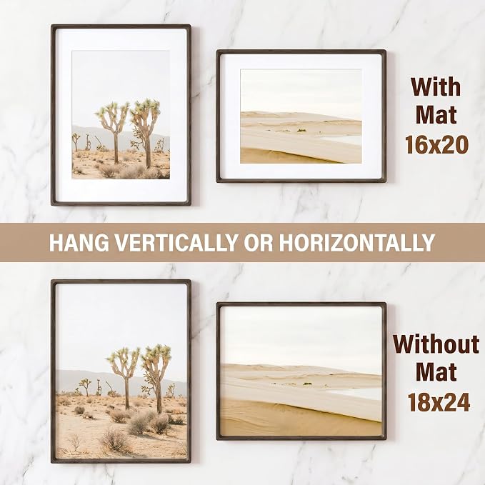 Fun Memories 18 x 24 Poster Frame, Natural Wenge Wood Picture Frame with HD Tempered Glass, Handcrafted Rounded Corner 18x24 Wooden Frame Matted to 16x20 Photos, Horizontal or Vertical Wall Display
