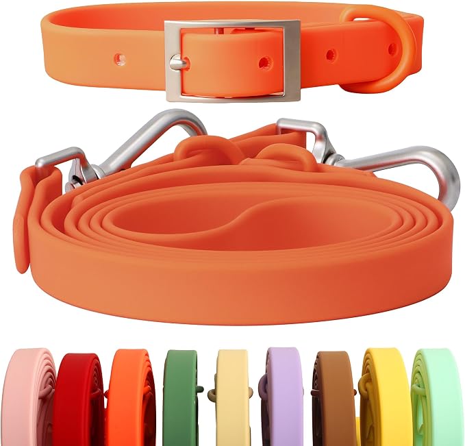 Dog Collar and Leash Set, Durable Waterproof Dog Leashes Collars, 5 Length Setting Adjustable Dog Collars for Large Medium Small Dogs (Orange, L)