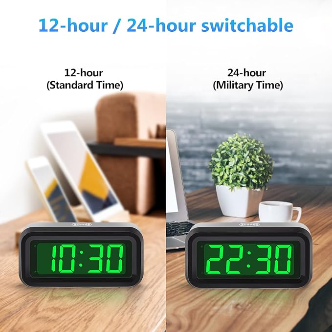 Digital Alarm Clock Battery Operated with LED Display for Bedrooms, Long Battery Life for 12 Months, 3 Brightness Adjustable, 12/24 Hour, Snooze, Black Case with Green Digits