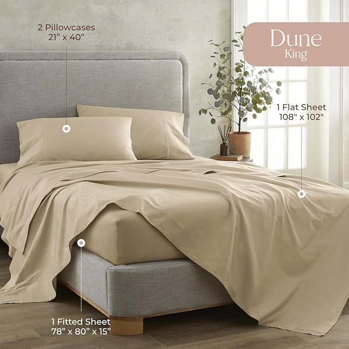 100% Organic Cotton Sheets King Size - GOTS Certified Organic Bed Sheets with Deep Pocket 300 Thread Count & Cozy Sateen Weave Gets Softer with Each Wash - Luxury 4 Piece Set (Dune, King)