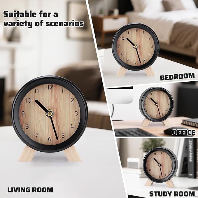 Maxspace Wooden Analog Clock, Small Silent Bedside Desk Clock Battery Operated, Elegant and Decorative Table Clock with Wooden Frame for Living Room, Bedroom, Bedside, Desk (Black)