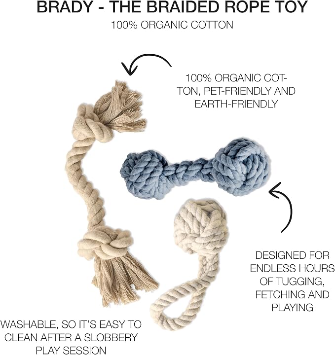 Pet Passion Brady The Rope Tug Toy 3-Pack Organic Cotton Dog Rope Pull Toys for All Pet Breeds, Sandy Chic, One Size