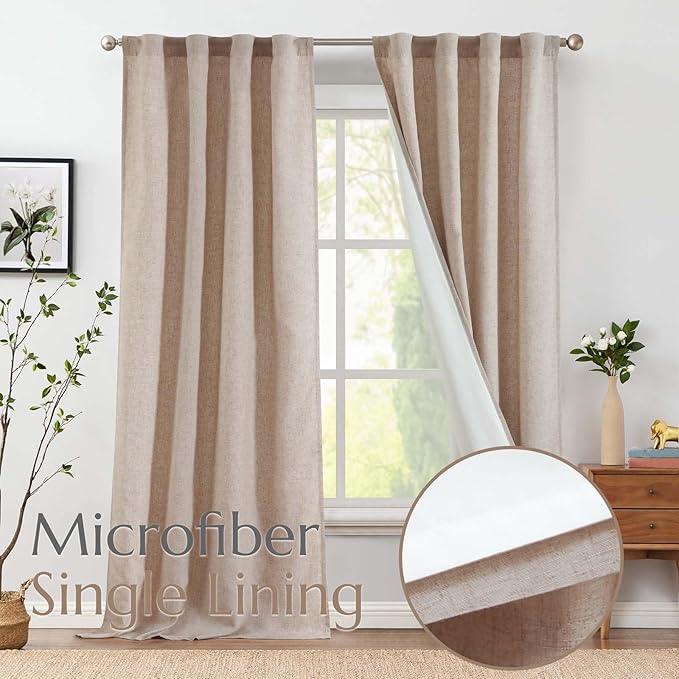 jinchan Linen Curtains with White Privacy Lining Taupe Lined Curtains 96 inch for Closet Small Window Living Room Bathroom Neutral Farmhouse Cottage Core Light Filtering Rod Pocket Back Tab 2 Panels