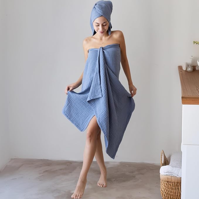 Ultra Soft Muslin Towel Adult Set, 100% Turkish Cotton 4-Layer 2 Pieces Luxury Muslin Hand & Bath Towels Sets for Bathroom (Indigo Blue, 1 Bath & 1 Hand Towel Set)