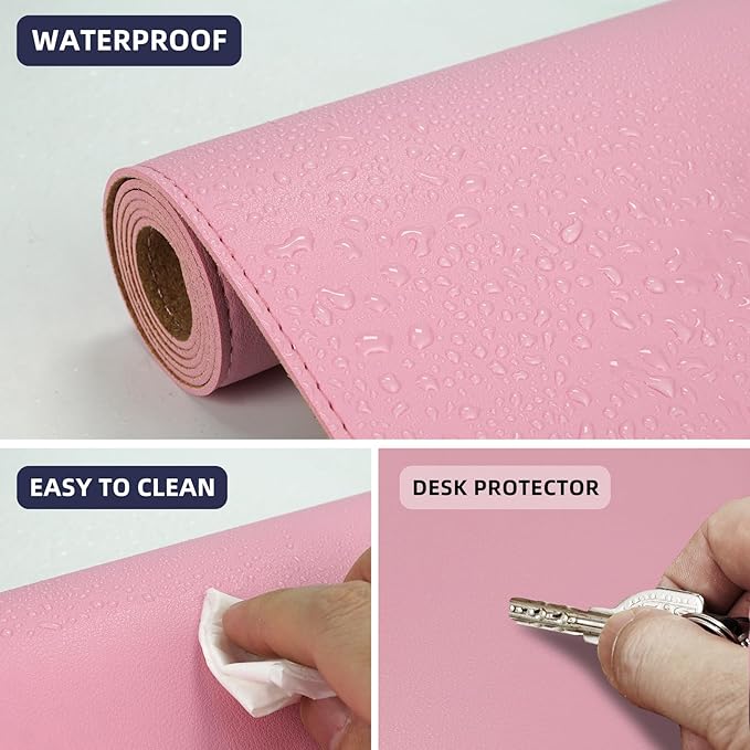AFIING Leather Desk Pad Protector, Large Desk Mat with Natural Cork & PU Leather, Mouse Pad, Non-Slip, Waterproof Desk Writing Pad for Office and Home, Rose Pink