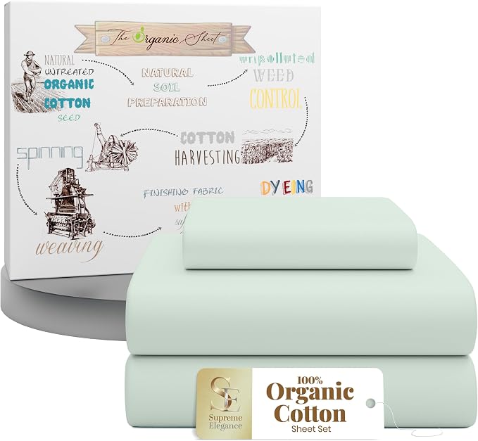 SUPREME ELEGANCE 3Pc 100% Organic Cotton Twin Bed Sheets Set, Pastel Green, Cooling Percale, Deep Pocket Fitted Sheet, Fits 14" Mattresses, Breathable Bed Sheets & Pillowcases Set, Crisp Bedding
