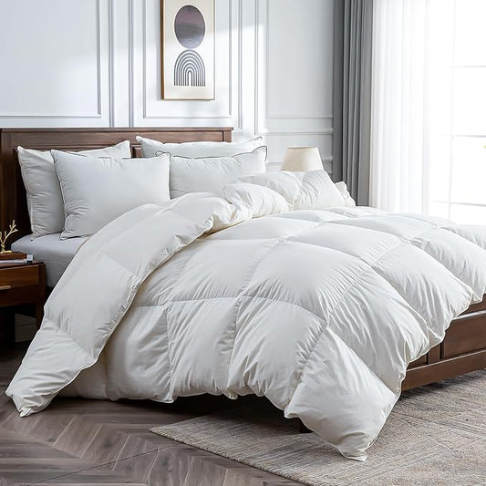 BPC Goose Feather Down Fiber Comforter King Size - 100% Organic Cotton Cover, 750 FP Cloudy-Fluffy Duvet Insert Filled with Puffy Feather Down Filling for All-Season, White, 106x90 Inches