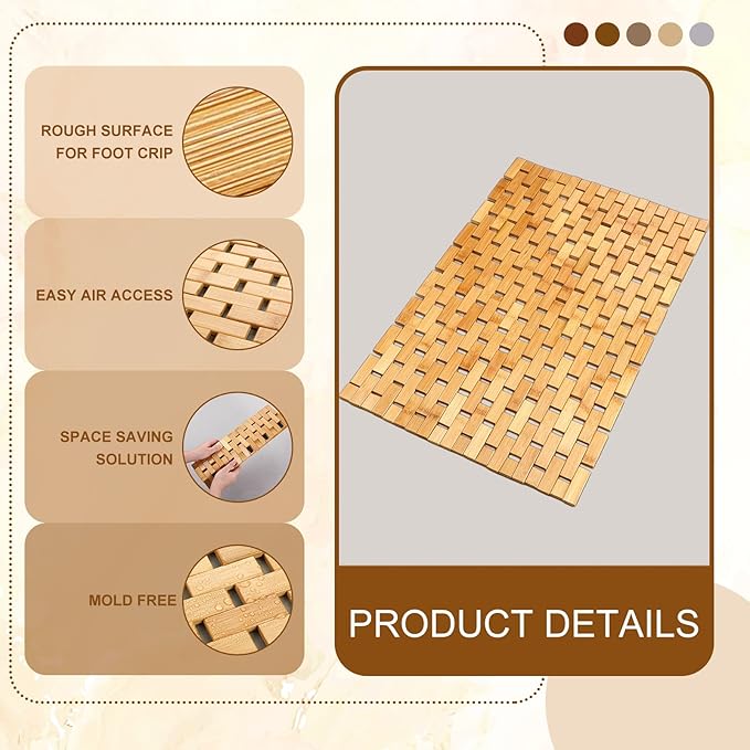 2 Pcs Bamboo Bath Mat Bathroom Rugs Floor Wood Shower Mat Non Slip Waterproof Wooden Shower Rug with Nonskid Silicone Pads for Bathroom Floor Spa Bathtub Kitchen(24 x 16 inches)