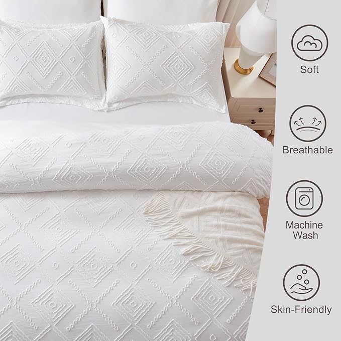 EMME White Boho Duvet Cover Twin, 2 Pieces Tufted Comforter Cover Set, Boho Embroidery Bedding Sets for All Seasons, 1 Duvet Cover + 1 Pillowcase (White, Twin)