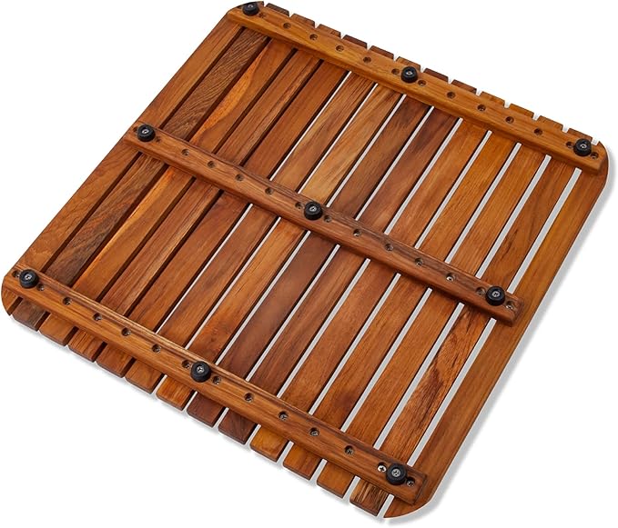 Nordic Style Teak Shower, Bath and Spa Mat | Indoor + Outdoor Use | Non-Slip Wood Platform | Spa, Sauna, Pool, Hot Tub | Luxury Decor (Oiled Finish, 19.6" x 19.6")
