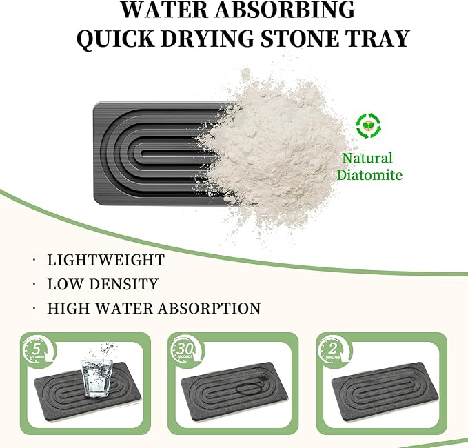 2 PCS Water Absorbing Diatomite Coasters, Stone Drying Mat for Kitchen Counter, Quick Dry Stone Mat Trays for Bathroom Kitchen Counter, Soap Dish Tray Used for Hand Soaps (Dark Gray, 8.3" x 4")